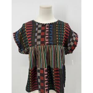 Ace & Jig Black Geometric Short Sleeve Top Stripe Cotton Boxy Fit Blouse XS S